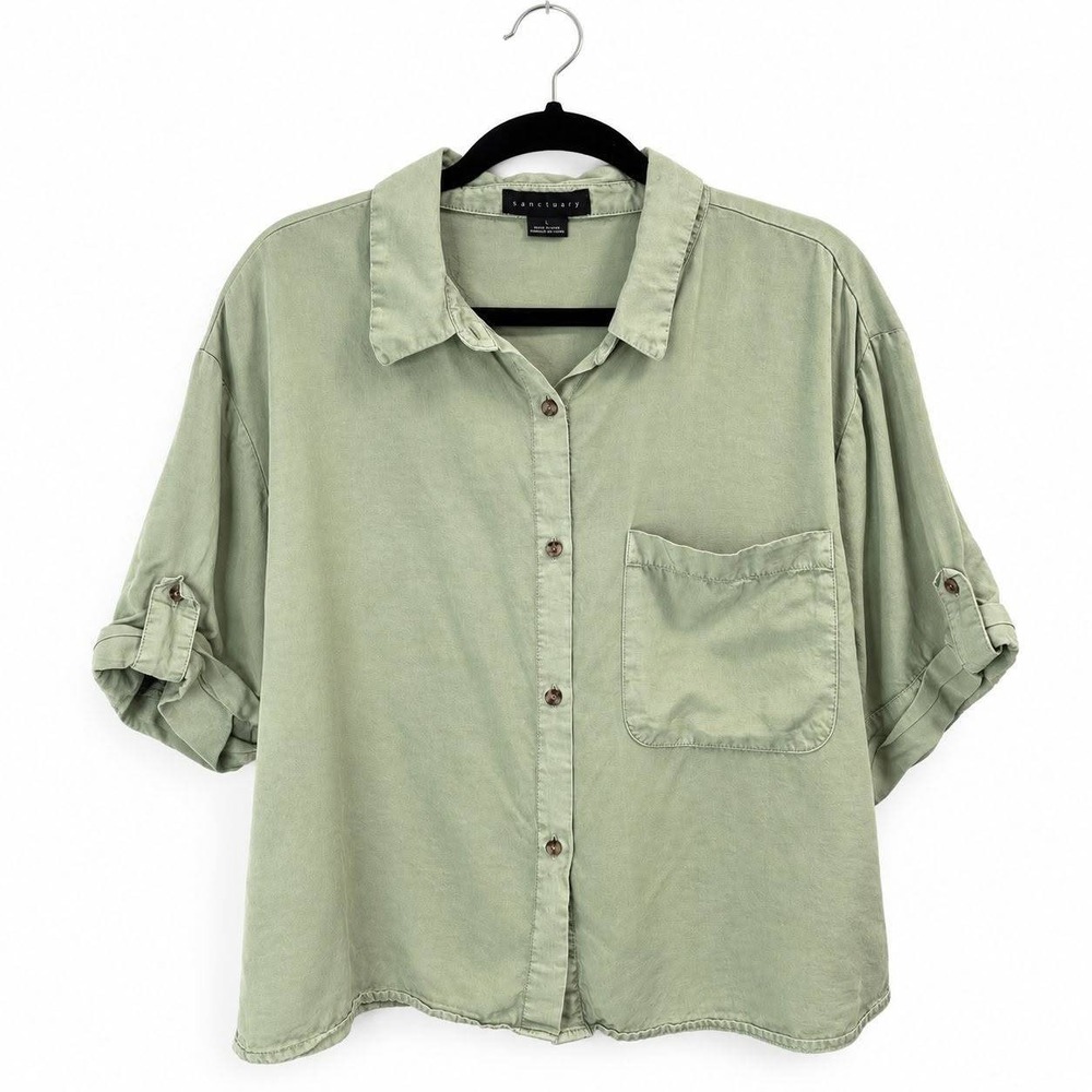 Sanctuary Button Down Women XL Green Roll Tab Sleeve Lyocell Shirt XB9286E1